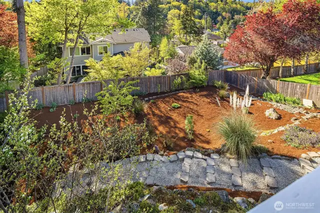 View from the deck of the large backyard.