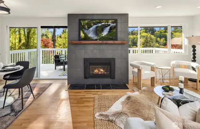 A gas fireplace warms the room in the cool winter.