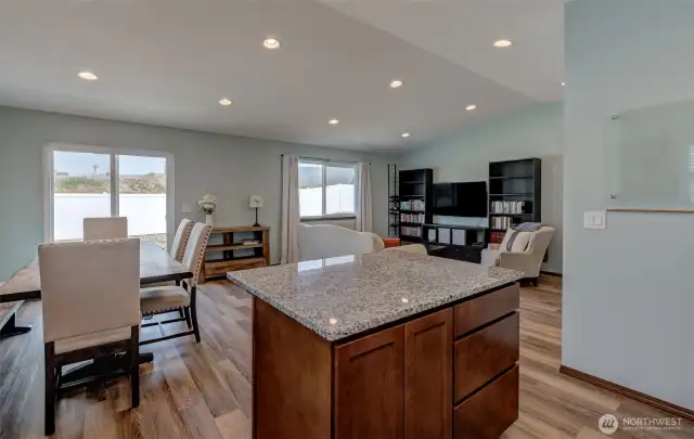 Kitchen island and dining area.