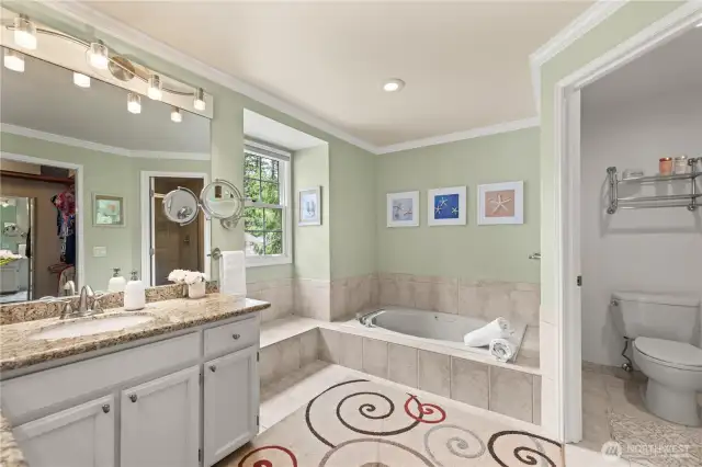 Primary 5 piece bath. Granite countertops. Crown molding even in the bathroom!