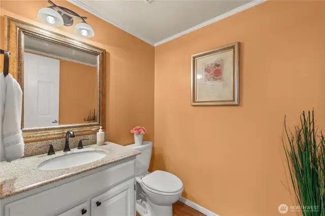 Half-bath downstairs. Granite countertop. Soft designer color.