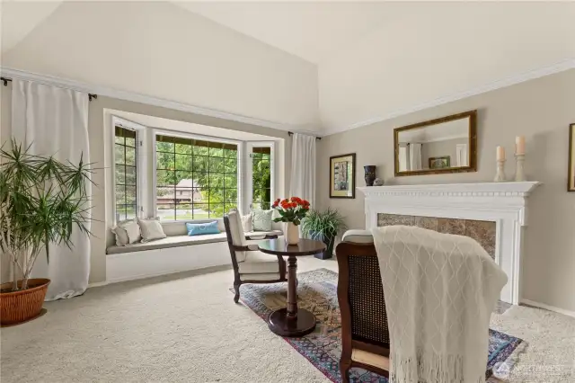 Vaulted ceiling, crown molding, and gas fireplace.