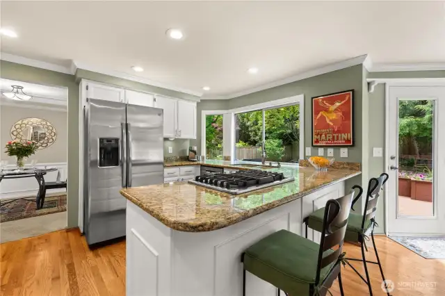 Updated kitchen with granite countertops, new dishwasher, newer fridge.