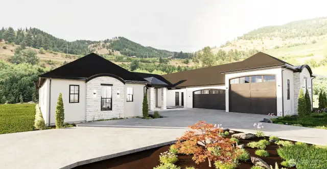 Front Entrance Rendering: 1281 sq ft,  garage, epoxy floor, built in cabinets, RV/Boat bay