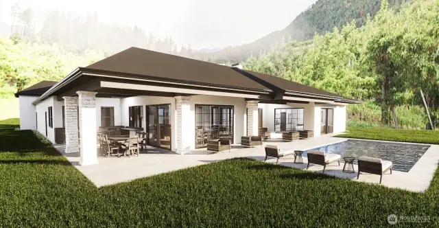 Back patio rendering: 21' sliding glass doors designed for indoor-outdoor living, covered patio with inset overhead heaters, outdoor kitchen with built gas BBQ & beverage center, seating bar with granite waterfall edge detail