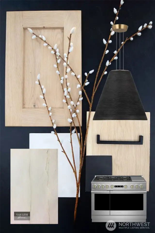 Kitchen Palette: Rift-sawn white oak cabinetry, 12' dual waterfall island with Calacatta Quartzite, 48" GE Monogram Range, 24" GE Monogram Microwave