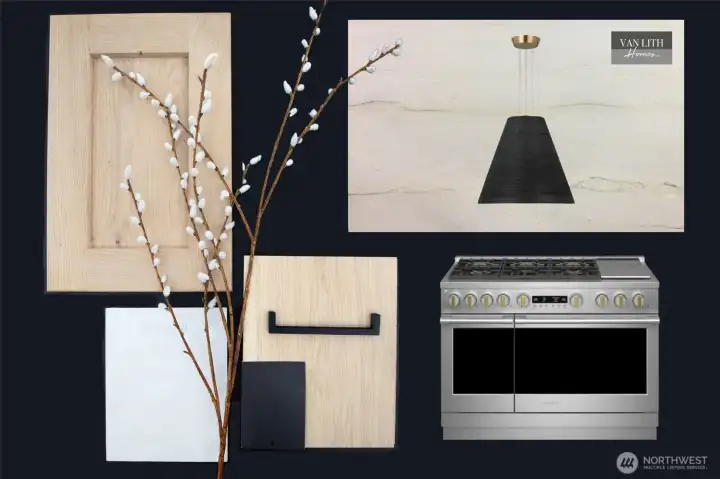 Kitchen Palette: Rift-sawn white oak cabinetry, 12' dual waterfall island with Calacatta Quartzite, 48" GE Monogram Range, 24" GE Monogram Microwave
