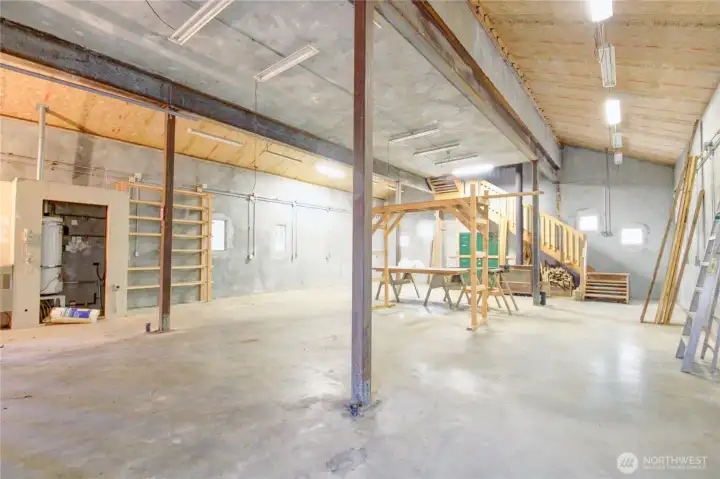 inside shop/ with radiant heated floors & wood stove