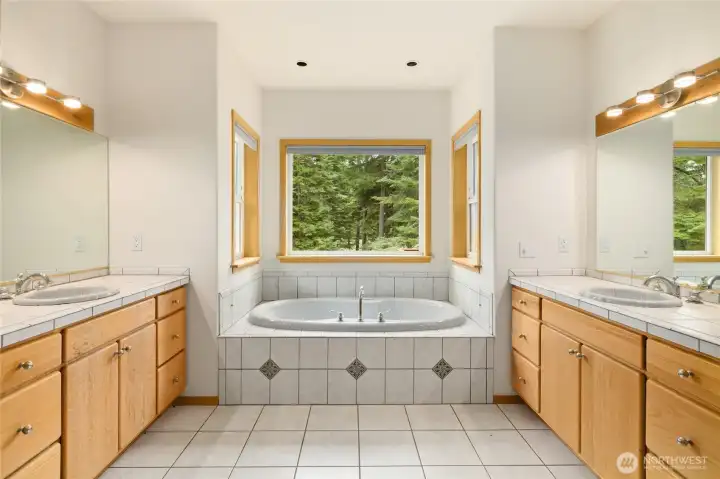 Dual sinks + a jetted tub with a VIEW!