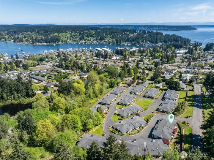 Bird's eye view of Gig Harbor, with the condo at the bottom right of the photo.