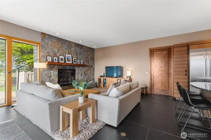 Family Room Off Kitchen With Black Italian Slate Floors