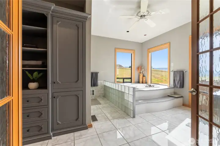 Wood French Doors Lead you to the Primary Bath