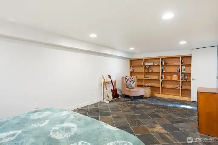 Basement bonus room - built-in book shelves