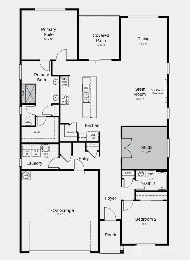 Additional Highlights Include: a study in place of a flex room, a shower with a seat in the primary bathroom, window blinds throughout the home, a gas slide-in ranch and 8' interior doors.