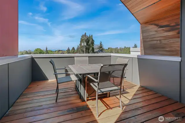Partilly covered roof top patio plumbed with natural gas and extra storage.