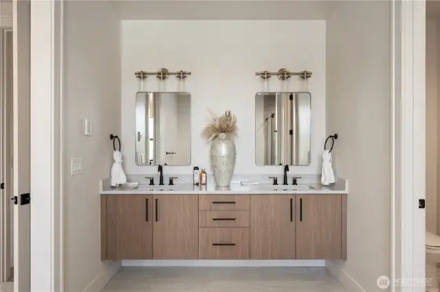 Double vanity with raised cabinets