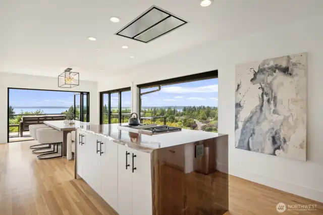Live edge custom island with waterfall edges and flush mount vent hood for unobstructed views.