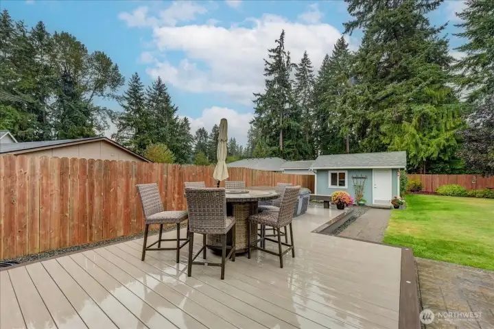 Welcome to your low level 400 sq ft Timber Tech deck with LED edge lighting and a 30A, 240V service to hot tub ( Hot tub is negotiable.) Deck and back yard furniture does not convey with home along with barbecue and covered canopy. Umbrella does stay.