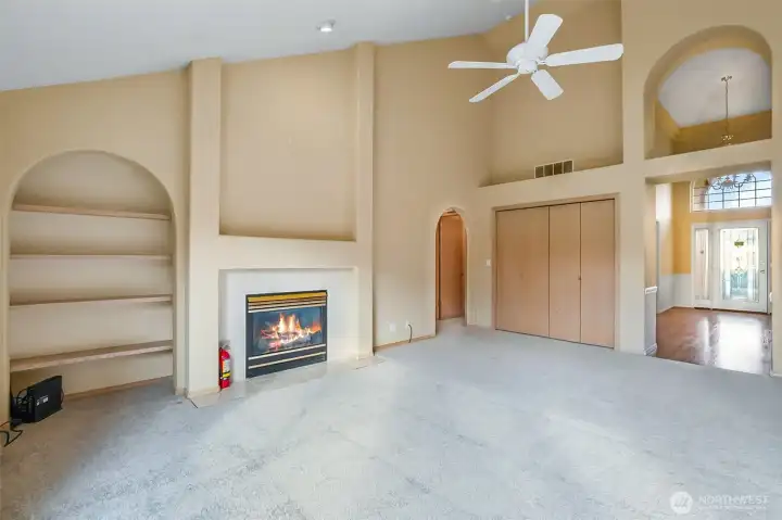 High ceiling in the family. Gas fireplace.  New carpet.