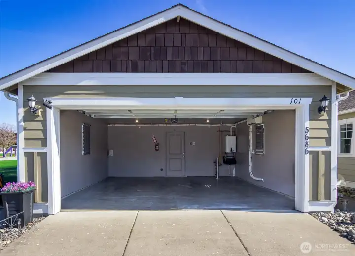 The two car garage has lots of storage space!