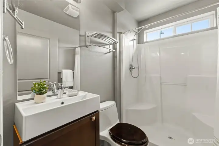 The main bath is upgraded and ready for your guests. The main bath is upgraded and ready for your guests.