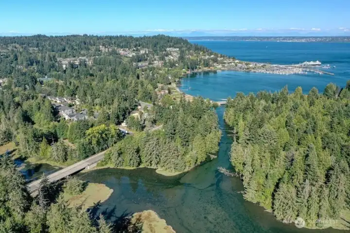 Aerial view of property and lagoon.