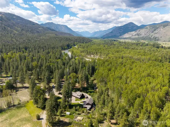 Aerial perspective highlighting the property’s rare setting—privacy, natural beauty, and proximity to the Methow River corridor