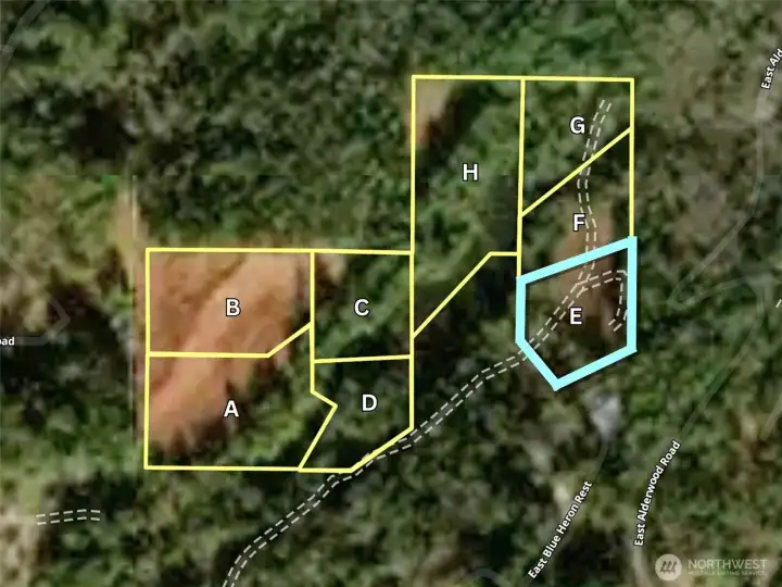 Overhead view of the entire development with approximate boundaries in Yellow and the subject property in Blue.