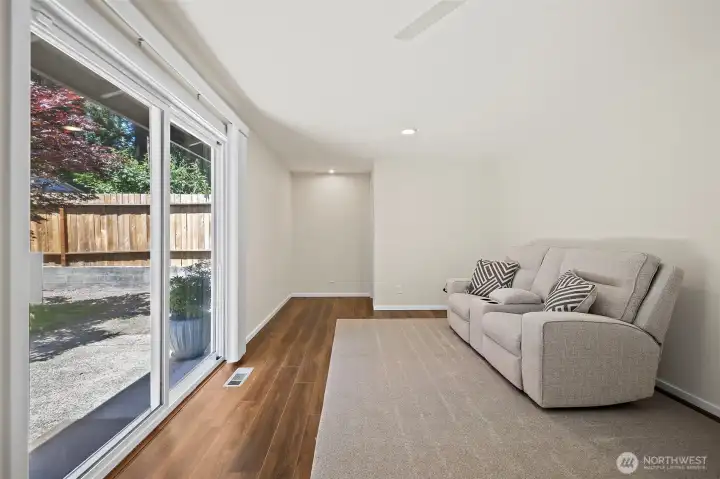 Looking from the dining space into the family room.