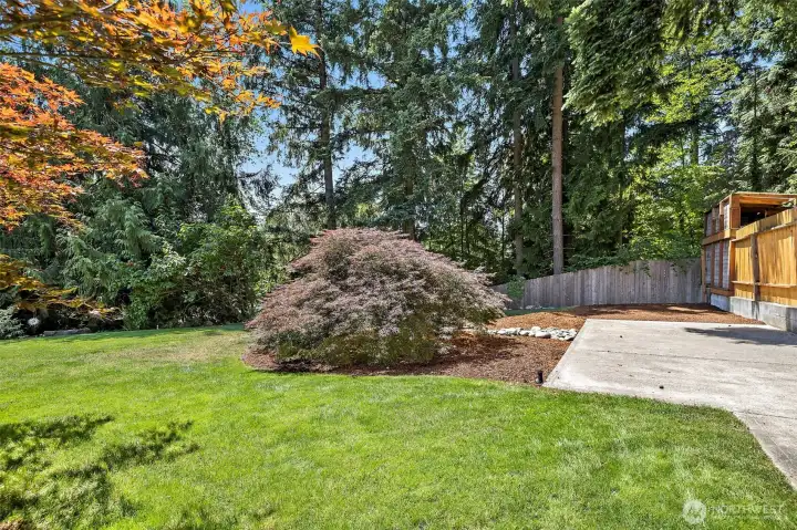 Along the right side of the yard is more patio space or room for a shed or greenhouse. Use your imagination!