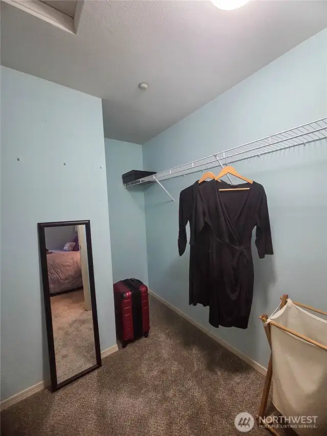 Spacious primary walk-in closet.