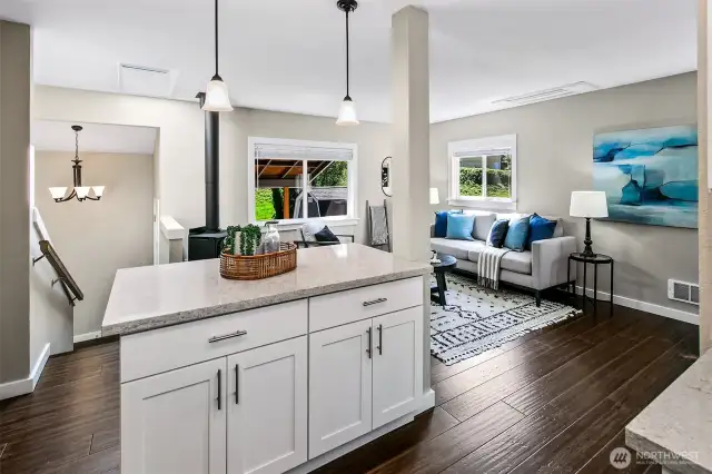 Kitchen is open and has a nice island. Dining room has access to a covered porch. All remodeled in 2018.