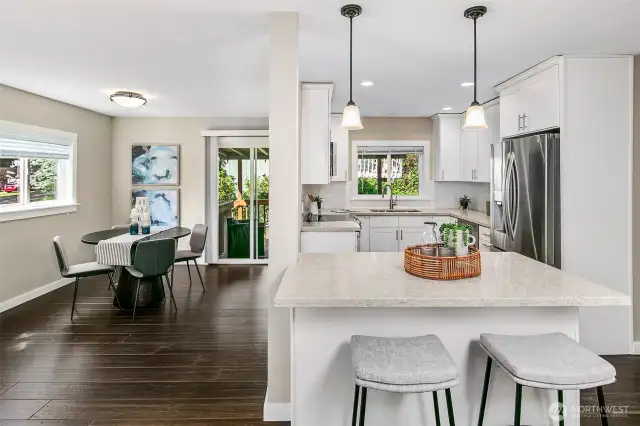 Kitchen is open and has a nice island. Dining room has access to a covered porch. All remodeled in 2018.