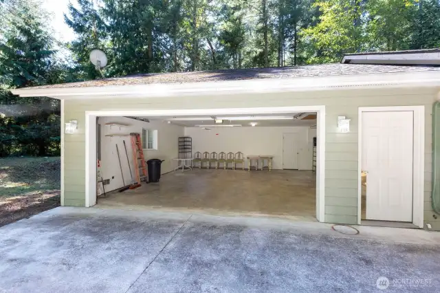 Large garage (26 ft by 26 foot has 676 square feet inside. Insulated and heated.