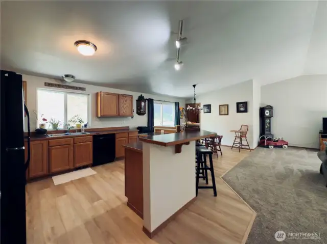 View from hallway of kitchen, pantry is next to refrigerator, kitchen window looks out to the patio and garden boxes
