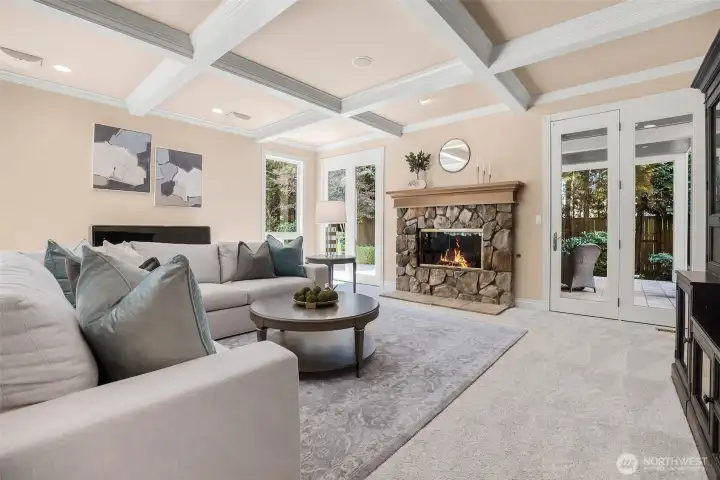 family room with wood burning gas fireplace