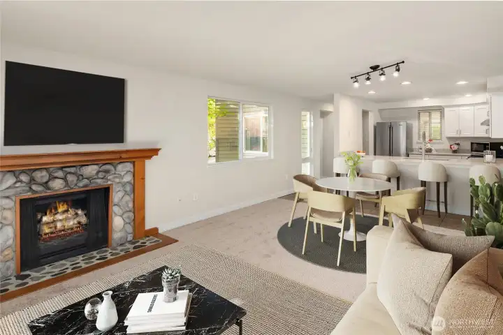 Cozy wood burning fireplace.