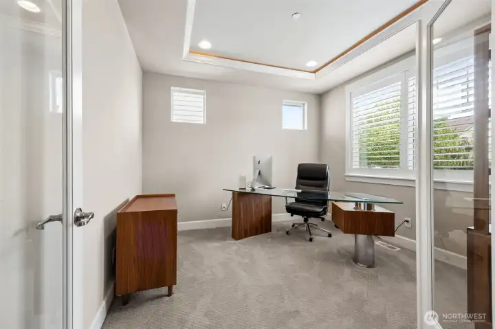 Office/ Den just off front door with french doors and inlay lighting