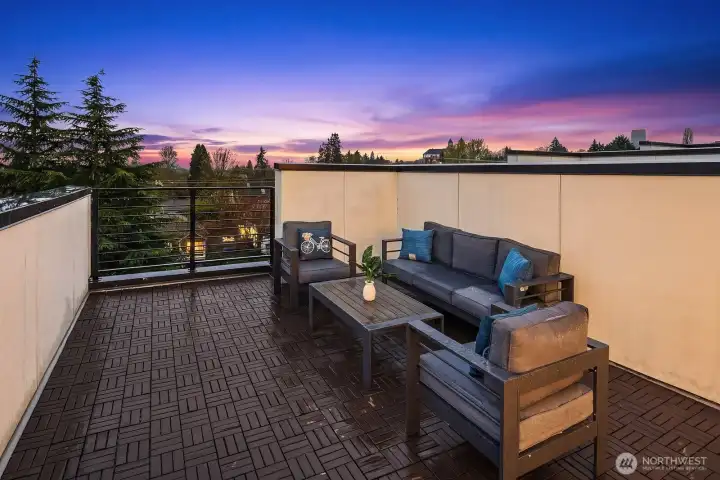 The private rooftop deck delivers breathtaking sunset and mountain views, with ample seating space perfect for morning coffee or evening entertaining above the city.