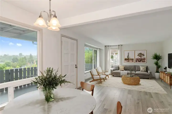 Unit A living and dining virtually staged