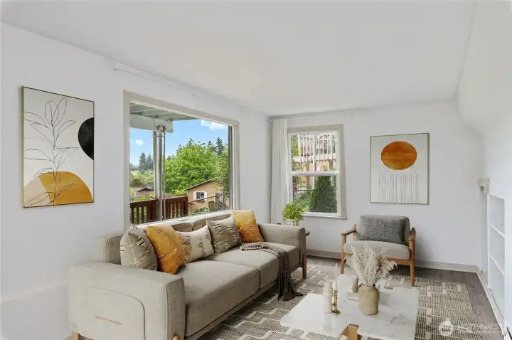 Unit B living area virtually staged