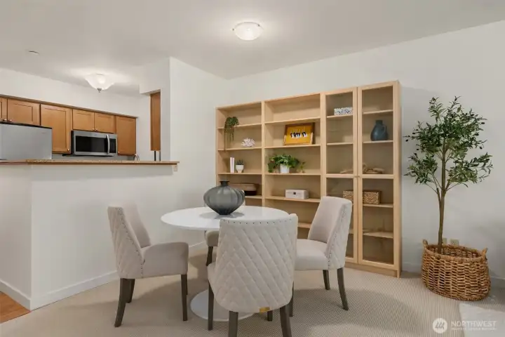 The dining room includes thoughtful shelfing. Secured yet removable if you choose. The dining room includes thoughtful shelfing. Secured yet removable if you choose.