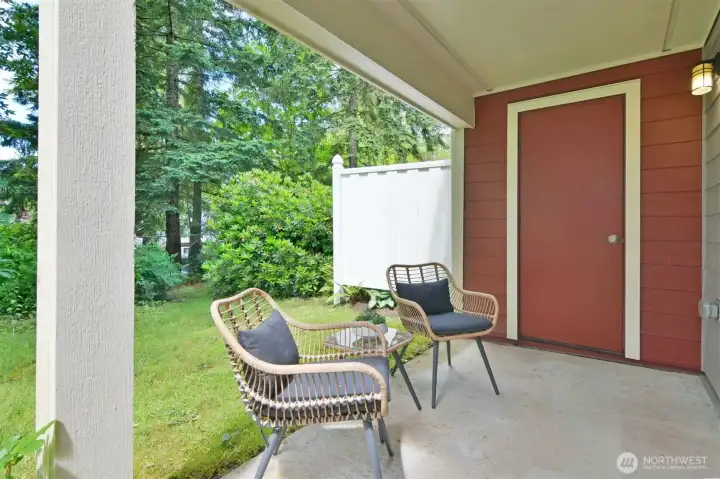 Private patio complete with storage closet.