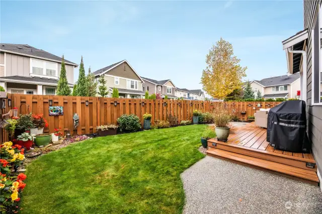 Fully fenced backyard with Trex deck and extended patio