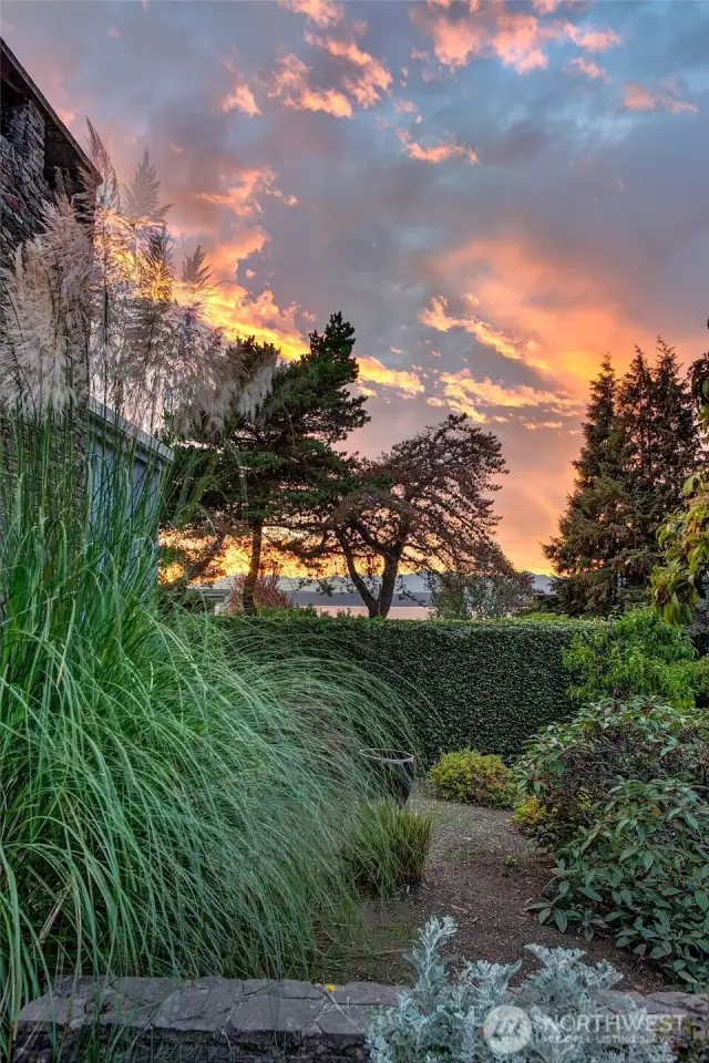 At day’s end, the west garden glows. Grasses, conifers, and flowering shrubs rise in layered rhythm beneath a sky streaked with salmon and gold. Tucked just beyond the Dining Room and Living Room, this private landscape invites quiet contemplation and connection to the timeless drama of light, weather, and season.