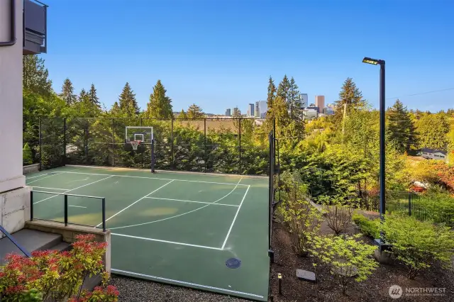 Oversized lit sports court with a basketball hoop and space to play pickleball.