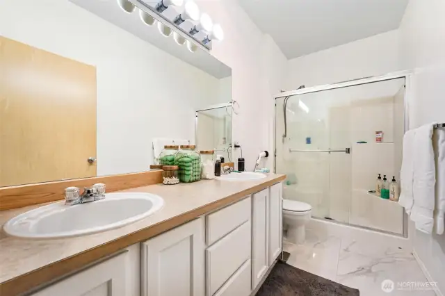 Master bath suite with glass sling shower door