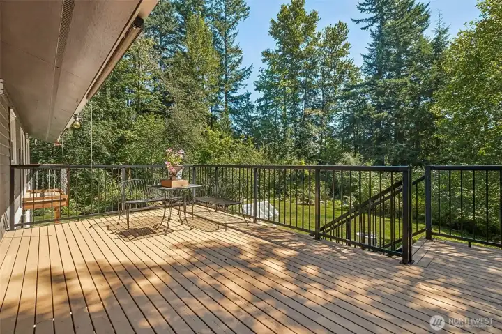Large freshly stained deck with wrought iron railing!