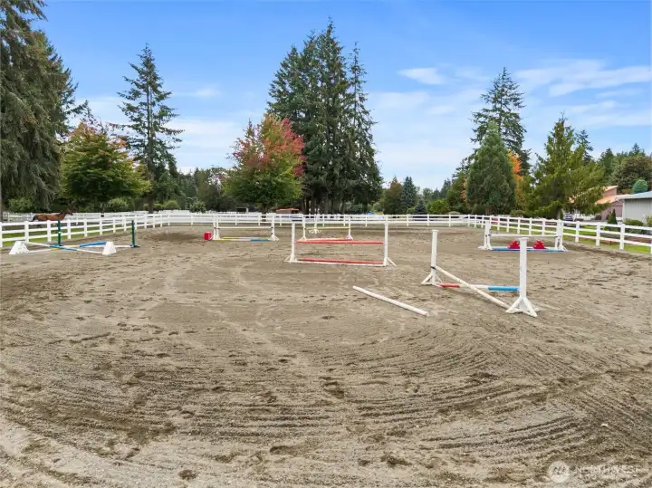 Outdoor hunter/jumper course expertly designed with high-quality sand footing, ensuring optimal performance and safety for year-round use. Enclosed by durable vinyl fencing, the course offers both a professional and aesthetically pleasing environment.