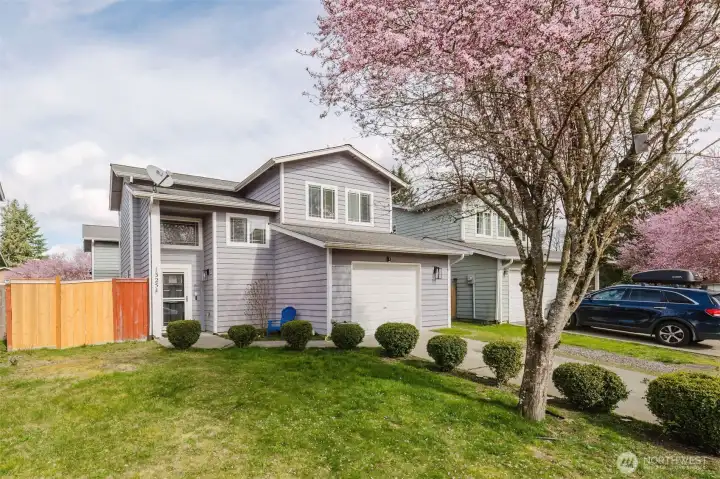 Blossoming cherry trees line the street.  Front yard is perfect for play or entertaining.